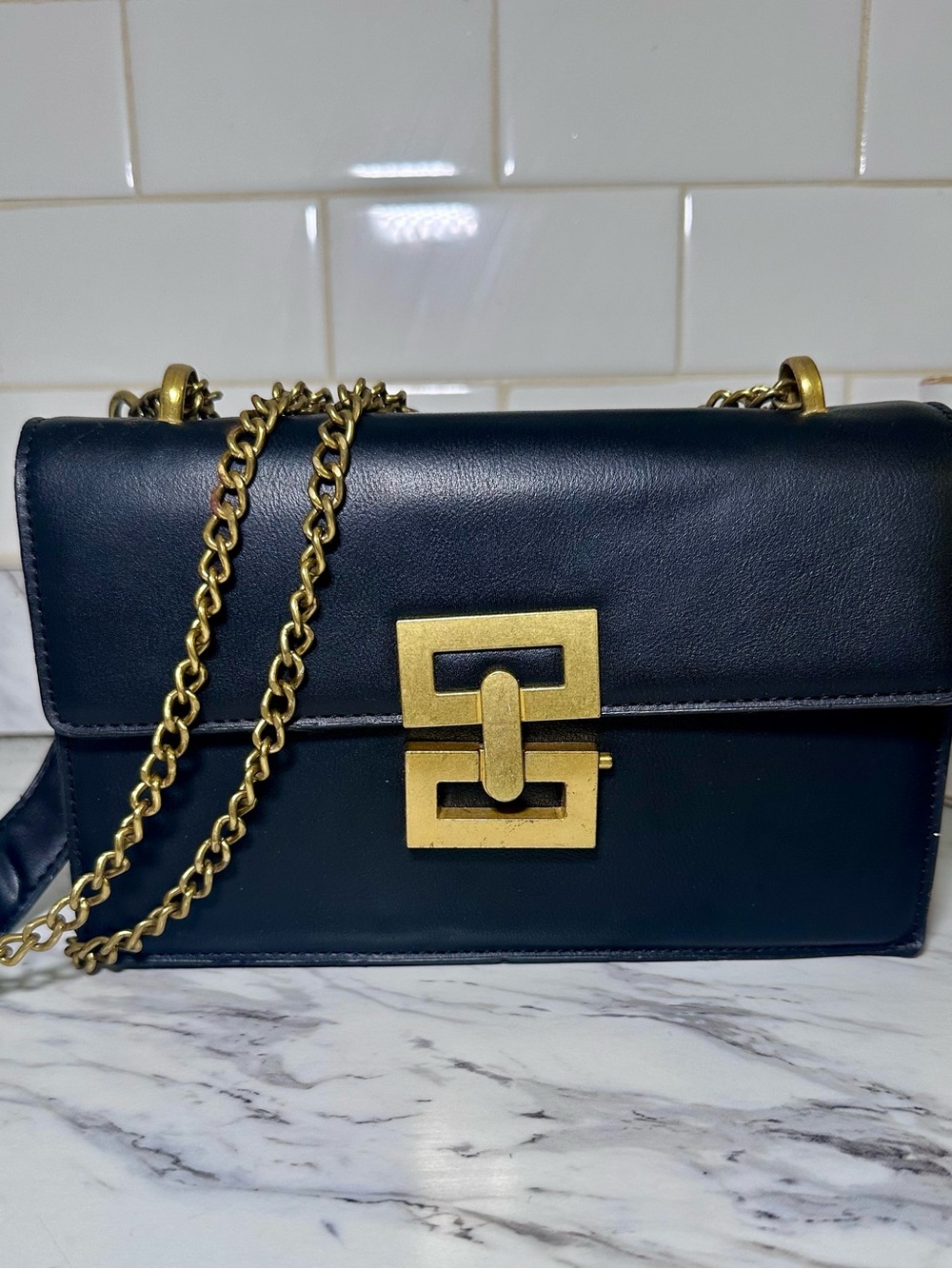 Black Leather Chain Shoulder Bag with Gold Hardware